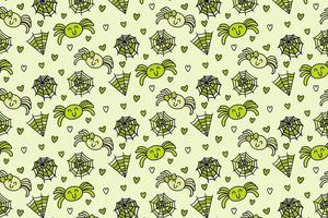 A couple spiders are in love, love is a trap like a spider's web full of tricks and deceit. seamless pattern, kawaii, cartoon, doodles, print, art. vector
