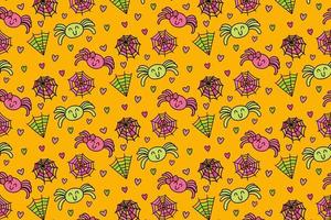 A couple spiders are in love, love is a trap like a spider's web full of tricks and deceit. seamless pattern, kawaii, cartoon, doodles, print, art. vector