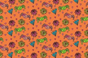 A couple spiders are in love, love is a trap like a spider's web full of tricks and deceit. seamless pattern, kawaii, cartoon, doodles, print, art. vector
