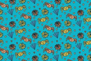 A couple spiders are in love, love is a trap like a spider's web full of tricks and deceit. seamless pattern, kawaii, cartoon, doodles, print, art. vector