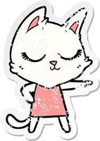 distressed sticker of a calm cartoon cat girl pointing vector