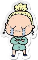 sticker of a cartoon crying old lady vector