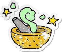 distressed sticker of a quirky hand drawn cartoon magic pestle and mortar vector