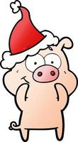 happy gradient cartoon of a pig wearing santa hat vector