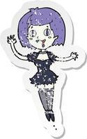 retro distressed sticker of a cartoon happy vampire girl vector