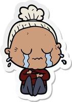 sticker of a cartoon crying old lady vector