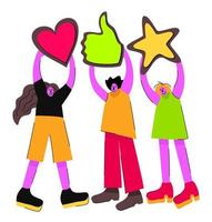Three persons holding heart, like and star sign. vector