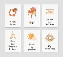 set of invitation cards for children with a sun, a rattle, a baby cot and a pacifier. congratulation. Vector illustration.