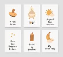 set of invitation cards for children with the moon, the sun, a baby cot and a pacifier. congratulation. Vector illustration