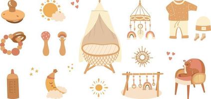 conjunto de lindos objetos de bebé boho en estilo escandinavo. dibujos animados doodle kids clipart para tarjeta de invitación de baby shower, decoración de la habitación de la guardería, afiche. ilustración vectorial vector