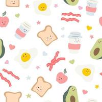 Cute food - scrambled eggs, coffee and toast for breakfast. Pattern vector