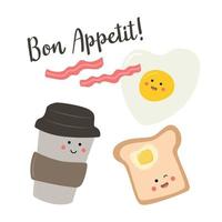 Set of cute breakfast vector food. Card with text