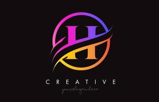 Creative Letter H Logo with Purple Orange Colors and Circle Swoosh Cut Design Vector