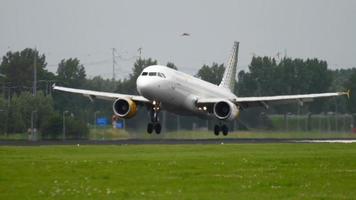 amsterdam, de nederländerna juli 27, 2017 - vueling flygbuss 320 ec hopp, landning på bana 18r polderbaan. kestrel fågel nära landningsbanan. shiphol flygplats, amsterdam, holland video