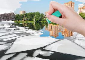 hand deletes ice floe near waterfront by eraser photo