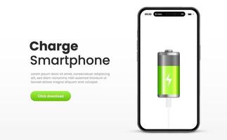 3d battery charging process template with realistic smartphones and dynamic island. Phone charge showing on smartphone screen. Plugged and charging phone. Vector illustration EPS10.