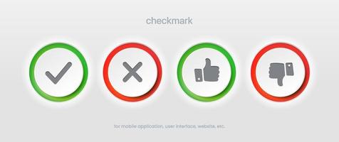 Checkmark, confirm, approve, appreciate, like symbol. Decline, reject, deny, dislike label badge flag button for mobile app, website, UI UX, promotion. High quality vector illustration EPS10