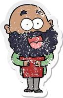 distressed sticker of a cartoon crazy happy man with beard and book vector