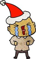 textured cartoon of a crying bald man wearing santa hat vector