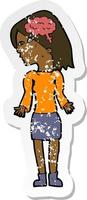 retro distressed sticker of a cartoon clever woman shrugging shoulders vector