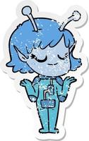 distressed sticker of a smiling alien girl cartoon vector