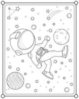 Cute astronaut playing moon ball in space suitable for children's coloring page vector illustration