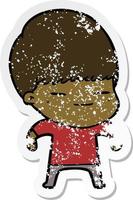 distressed sticker of a cartoon smug boy vector