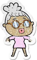 distressed sticker of a cartoon woman wearing spectacles vector