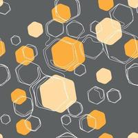 Abstract hexagons honeycombs seamless pattern liner drawing on gray background with orange hexagons,vector illustration.Seamless texture vector