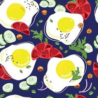 Fried eggs with tomatoes and other ingredients seamless pattern on blue background vector illustration.Healthy breakfast.Beautiful design for wallpaper,paper,textile,kitchen decoration.Hand drawn eggs