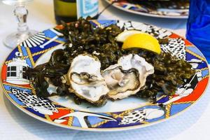 raw oysters on plate in local fish restaurant photo