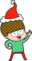 happy comic book style illustration of a boy wearing santa hat vector
