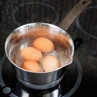los huevos de gallina se cocinan en una olla de metal foto