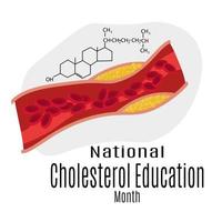 mes nacional de educación sobre el colesterol, imagen esquemática del colesterol y fórmula química para pancarta temática vector