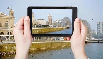 tourist taking photo of waterfront in Zurich