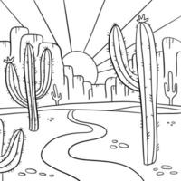 Coloring page with Arizona Desert landscape. Hand drawn black and white line desert with saguaro and opuntia blooming cactus in front of mountains and sunset. Vector linear illustration.
