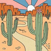 America wild west nature dusty desert landscape with arizona prairie, cactuses and canyon rocks. Outline vector hand drawn illustration background