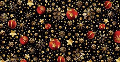 Happy New Year and Merry Christmas greeting card, holiday banner, web poster. Dark background with shining golden snowflakes and red Christmas balls - Vector