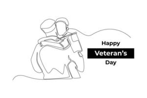 One continuous line drawing of back view son with flag hug father. Veterans day concept. Single line draw design vector graphic illustration.