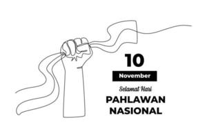 Single one line drawing Happy Indonesian National Hero day for greeting card, poster and banner 10 November. National hero concept in Indonesia. Continuous line draw design graphic vector illustration