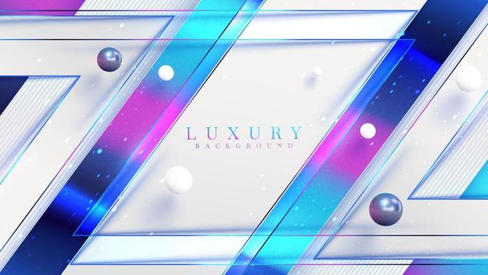 White luxury background with diagonal rainbow lines with ball decoration and sparkling light effect element.