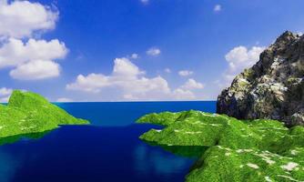 Steep mountains, cliffs, and the sea or ocean. Blue-green water reflects the mountains and the sky. Atmosphere of the sunlight in the morning and the fog covered the mountain peak. 3D rendering photo