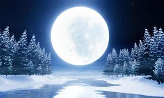 super luz azul de luna llena. lago, pinar, suelo nevado, sombra de luna reflejada en el agua. imagen de la naturaleza de fantasía de la noche que se levanta. hay un poco de niebla. representación 3d foto