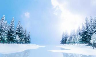 Landscape Mountains Pine forests. Pine forests where rivers flow into the sea. In winter, snow covers the ground. Rivers become frozen. Reflection of the surface. 3D rendering photo