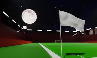 bandera en la esquina del campo de fútbol está siendo arrastrada por el viento. campo de fútbol del club deportivo vacío, sin público en la noche de luna llena. representación 3d foto