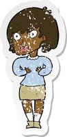 retro distressed sticker of a cartoon woman making Who Me gesture vector