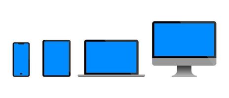 Set of monitor, laptop, tablet and smartphone with blue screen. Modern Digital Devices template. Flat vector illustration