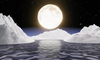 cielo estrellado de luna llena de color amarillo dorado que refleja el mar con icebergs blancos. el día 15 de la luna creciente o el cielo despejado del festival del medio otoño. representación 3d foto
