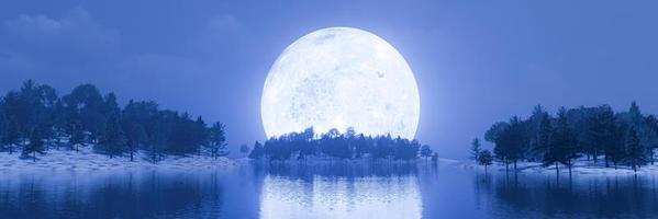 Super Full moon blue light. Lake, pine forest, snowy ground, shadow of the moon reflected in the water. Fantasy nature image of the rising night. There is a little fog. 3D rendering photo