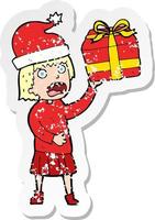 retro distressed sticker of a cartoon woman getting ready for christmas vector